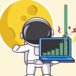 An illustration of an astronaut holding a laptop with an exploding chart on it; space stock