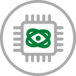 Icon depicting an atom and a computer chip
